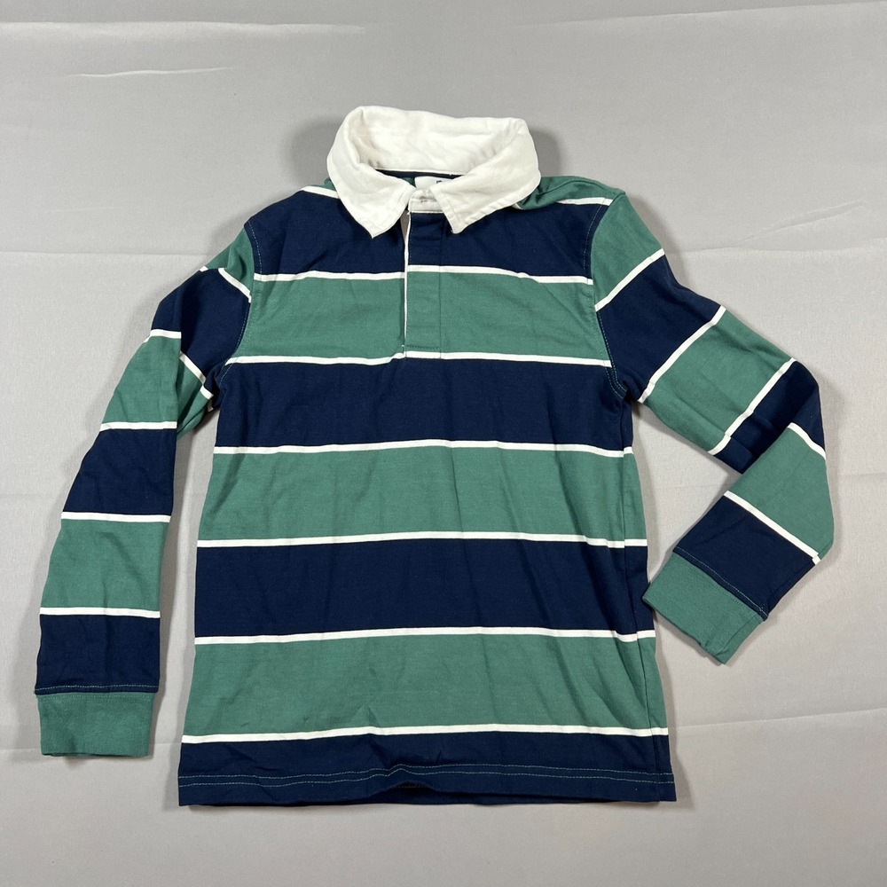 Tommy Bahama Rugby Shirt Kids Medium Navy Green Striped Long Sleeve Performance